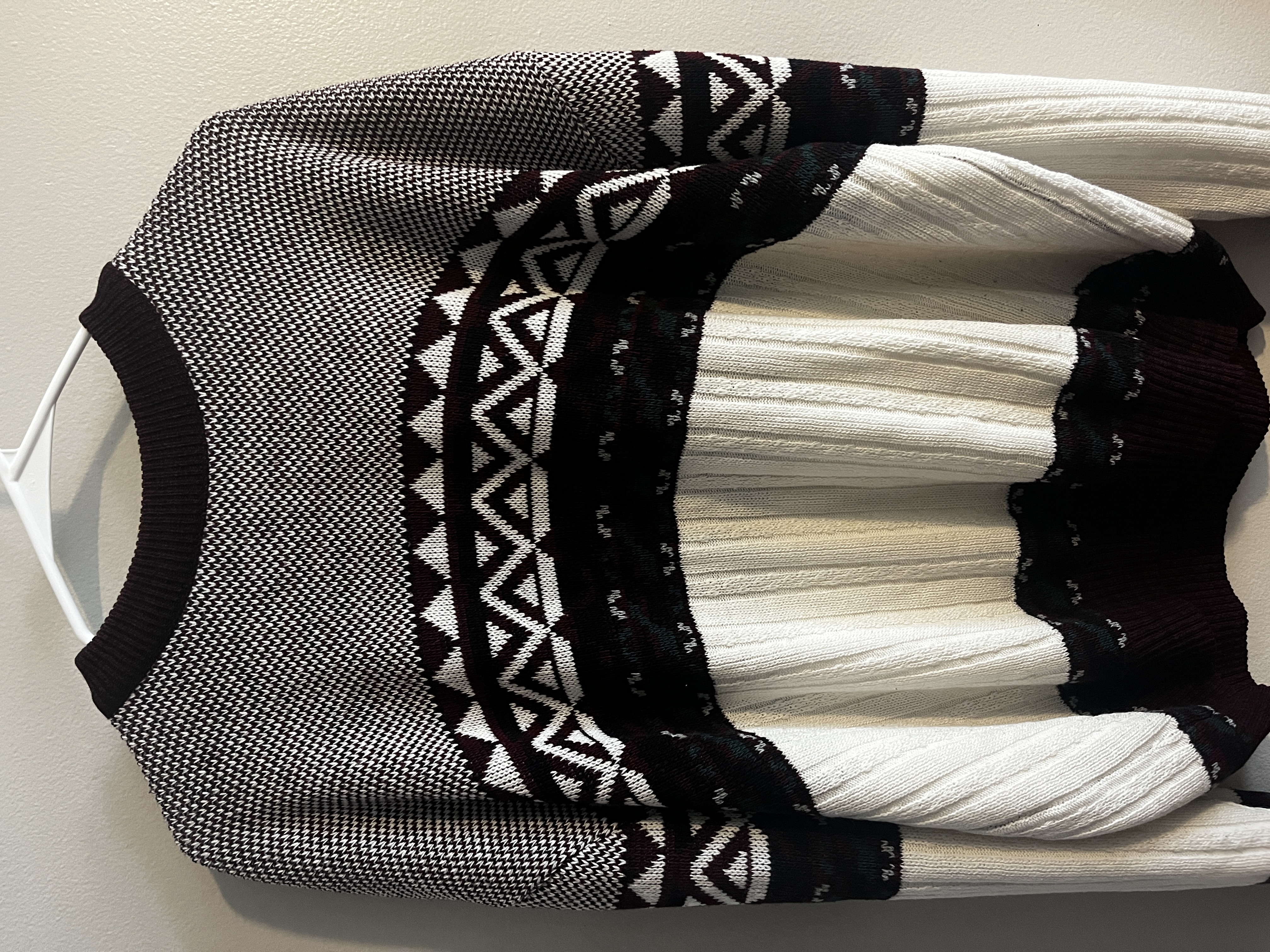 Black, cream, and burgundy patterned sweater from Bryce's collection